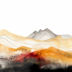 Abstract mountain landscape with a dynamic blend of watercolor and ink techniques, featuring golden hues, deep reds, and shadowy grays with splattered texture effects. High quality illustration. - obrazy, fototapety, plakaty
