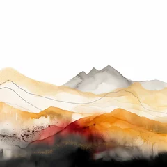 Rollo Abstract mountain landscape with a dynamic blend of watercolor and ink techniques, featuring golden hues, deep reds, and shadowy grays with splattered texture effects. High quality illustration. © Infusorian