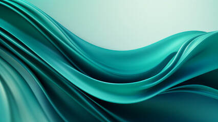 Abstract satin teal waves design with smooth curves and soft shadows on clean modern background. Fluid gradient motion of dynamic lines on minimal backdrop