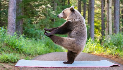 Grizzly Bear Doing Yoga on a Yoga Mat