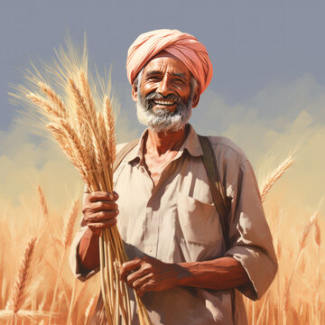 Indian farmer showing wheat crop at agriculture field.