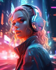 Fototapeta premium Stylish young woman with curly hair wearing glowing blue headphones against a cyberpunk city backdrop