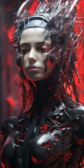 Digital art of a futuristic cyborg woman with intricate wires and glowing red elements against a dark backdrop