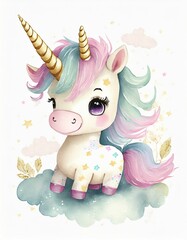 children's illustration, pastel colors, unicorn cute