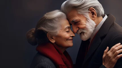 Fotobehang Old senior couple in love hug and embrace with romance together close-up portrait background. Hug Day, St Valentines concept. Happy mature man and woman hugging together. Elderly people in love.. © Oksana Smyshliaeva