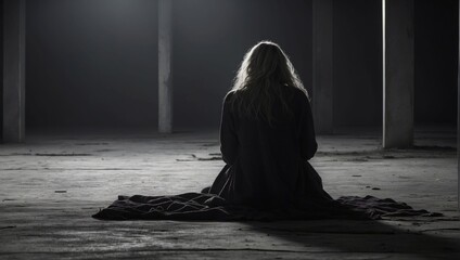 A woman sits alone in the dark suffering from depression