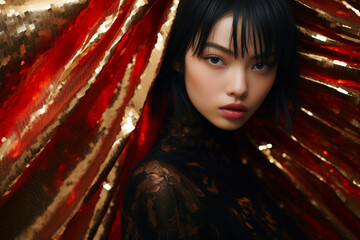 Minimalist Portrait of a Young Woman. Avant-Garde, Asian Woman Portrait in golden, red black outfit.