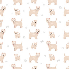 West Highland White Terrier seamless pattern. Different poses, coat colors set
