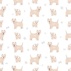 West Highland White Terrier seamless pattern. Different poses, coat colors set