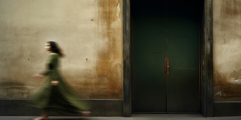 Blurred motion of a woman walking past a green door, creating a sense of movement and mystery.