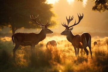 Two majestic deer in a golden sunrise, a serene scene of wildlife in nature.