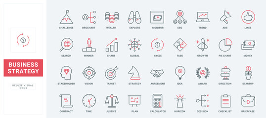 Business growth strategy, ideas for company success thin black and red line icons set vector illustration. Outline corporate ethics, data presentation symbols, direction arrow and spyglass for vision - obrazy, fototapety, plakaty