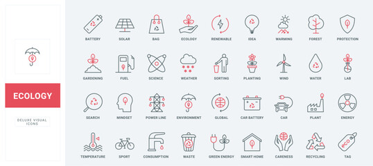 Ecology, green energy, eco technology for industry line icons set. Alternative resources management, trash recycling to save climate of Earth thin black and red outline symbols, vector illustration