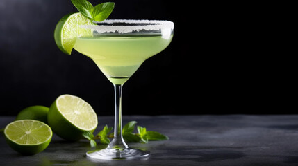 copy space, stockphoto, Margarita cocktail with lime in glass on gray background. Beautiful background for national Margarita day. Happy Margarita day! Background for bar or restaurant.