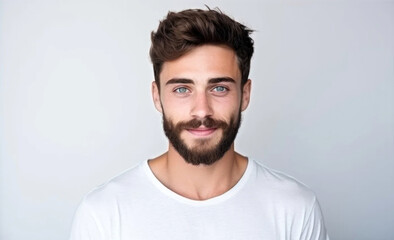male model with short hair, beard, face close-up, smile, white background 