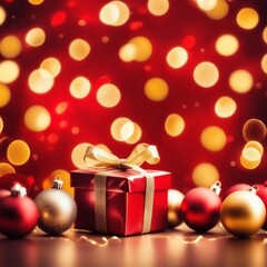 Red gift box with golden ribbons on holiday background with twinkle bokeh light.