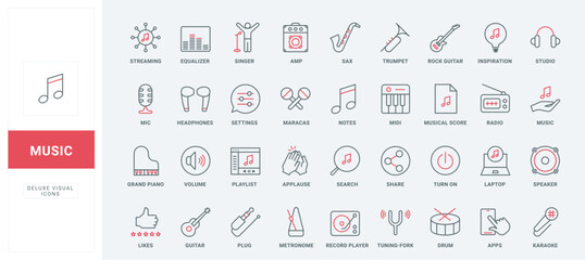 Music equipment to play, listen and record audio sound line icons set. Headphones and mic, notes and smartphones player for songs, radio thin black and red outline symbols, vector illustration