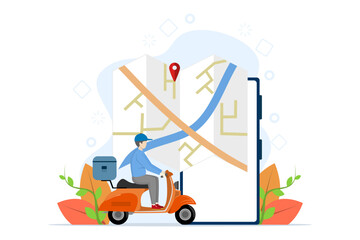 Concept of fast delivery with scooter on mobile phone, Order parcels in E-commerce with app, Courier tracking with map app, Flat Vector illustration on white background.