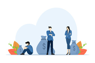 Salary Difference Concept between new employees, managers and superiors or directors. business characters standing with different money or money bags. flat vector illustration on white background.