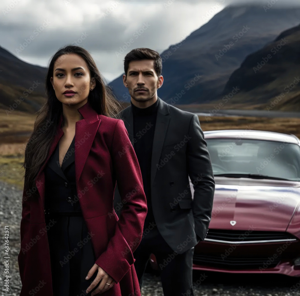 Canvas Prints a woman and a man in black suits stand next to a car, in the style of Scottish landscapes