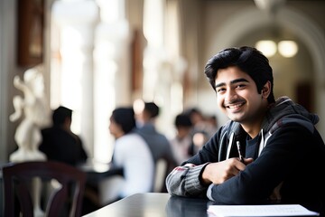 A happy and confident young man of Indian descent, smiling with positive energy in a casual outdoor setting. - obrazy, fototapety, plakaty