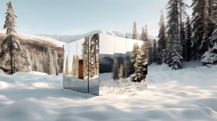 mirror house in the mountains with snow in winter