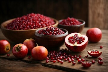 Culinary artistry with a creative and vibrant photograph showcasing the allure of pomegranates. A captivating visual feast celebrating the beauty and richness of this exquisite fruit.