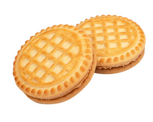 Sandwich biscuits with chocolate filling on a white background