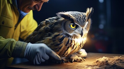 Compassionate Veterinarian Treating Injured Owl in Wildlife Rehabilitation Clinic