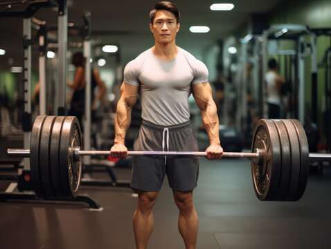 Handsome and strong athletic asian man pumping biceps fitness exercise and gym concept background
