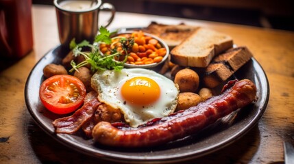 best full english breakfast with crispy bacon, silky scrambled eggs, stewed plum tomatoes, garlic mushrooms, grilled onions in a british gastropub in london, 16:9