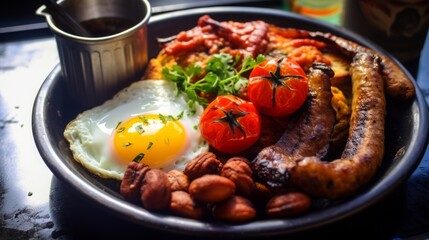 best full english breakfast with crispy bacon, silky scrambled eggs, stewed plum tomatoes, garlic mushrooms, grilled onions in a british gastropub in london, 16:9 - obrazy, fototapety, plakaty