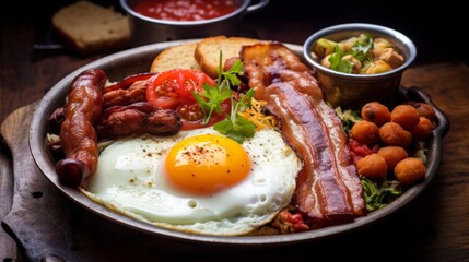 best full english breakfast with crispy bacon, silky scrambled eggs, stewed plum tomatoes, garlic...