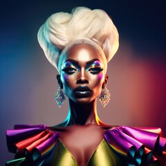 Black Drag Queen: Man dressed up as a woman on vibrantly coloured background, performance art, concept for coming out day, lgbt history month, lgbtqa+ history month or pride history month