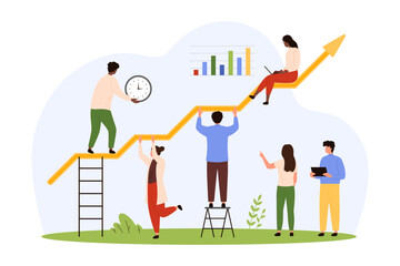 Advisory assistance in business growth vector illustration. Cartoon ambitious team of tiny people holding arrow together, help startup develop without risk and destruction, increase and change profit