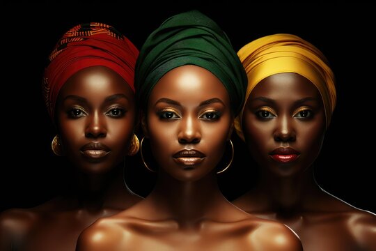 Three young african women in headdresses or turbans with colors of african flag on a black background, for woman's day or black history month, juneteenth, keti koti or remembrance abolition.