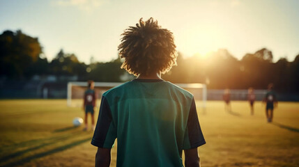 rear view: a man with long brown curls watches children playing football - obrazy, fototapety, plakaty