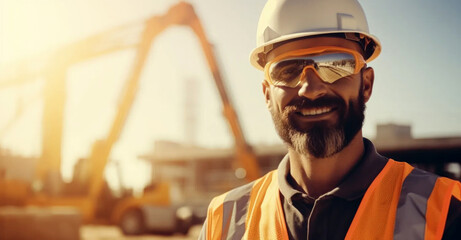 Bearded civil engineer wearing safety glasses at construction site - obrazy, fototapety, plakaty