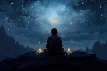 Man meditating on cliff under starry night sky in surreal forest, moon casts bright light over the person and the trees. The image evokes sense of peace, calm, and spirituality
