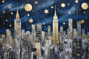 Cityscape at night with a star-studded sky above towering skyscrapers. The moon and stars shining in the blue night sky. Contemporary and cosmopolitan, combining urban elements with celestial beauty - obrazy, fototapety, plakaty