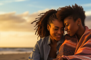 Homosexual female couple embracing on tropical beach at sunset. Lesbian married african american girls at honeymoon in vacation or travelling near the ocean. LGBT concept, love moments
