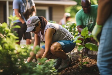 Group of volunteers work together to plant and care for community garden with variety of plants and trees growing in the soil. Neighbors engaging in neighborhood gardening. We culture social trend