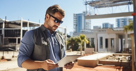  male real estate investor using tablet at construction site