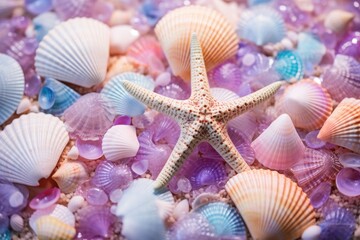 Starfish and various seashells macro background. Sshells have different shapes, colors and textures, creating stunning pattern. Mermaidcore aesthetic, marine life, fantasy, fashion and beauty concept