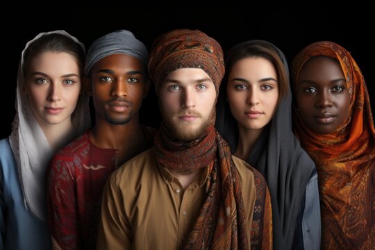 Cultural Exchange, portrait of individuals from different cultures sharing their traditions and experiences, promoting cultural understanding and unity, value of religious tolerance