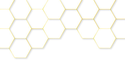 Abstract White Hexagonal Background. Luxury White Pattern. Golden stroke. 3D Futuristic abstract honeycomb mosaic white background. geometric mesh cell texture.