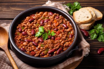  bean stew with ground beef, close-up in a bowl.