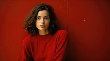 Fototapeta premium Model in a red jumper, Red background