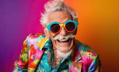 Happy grandfather in sunglasses, colorful psychedelic portrait	
