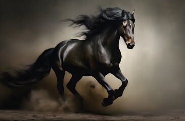 Fototapeta premium beautiful dark horses galloping across an open space, the concept of freedom, strength, power.